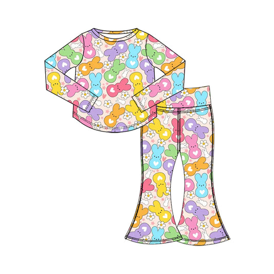 Preorder (moq 5) Baby Girl Clothes Easter Heart Peeps Bunny Daisy Print Long Sleeve Flare Pant Set