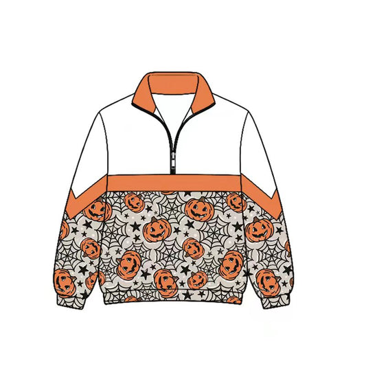 Preorder (moq 5)Baby Kids Ghost Pumpkins Spider-webs Halloween Zip Pullovers Top