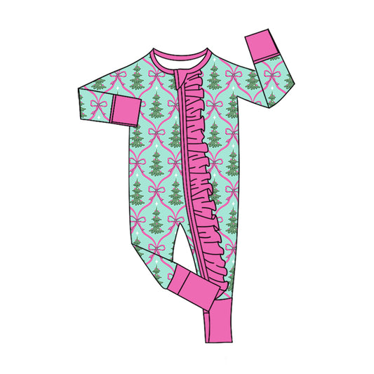Preorder (moq 5)Baby Girls Bow Trees Christmas Two Way Ruffle Zip Convertible Rompers
