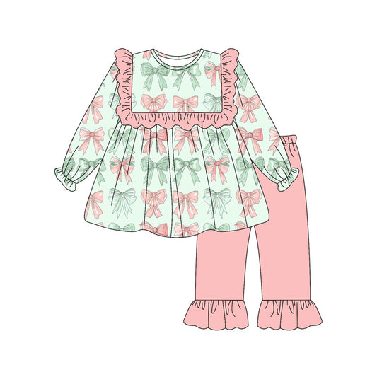 Preorder(moq 8)Baby Girls Pink Green Bows Stripe Tunic Ruffle Pants Clothes Sets