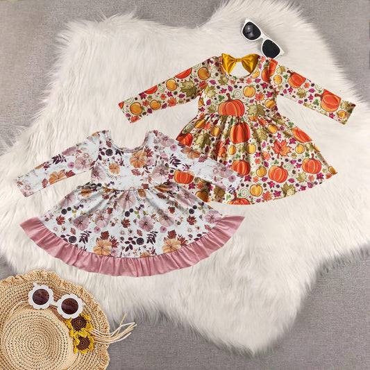 Sibling Baby Girls Long Sleeves Pumpkins Floral Fall Dresses