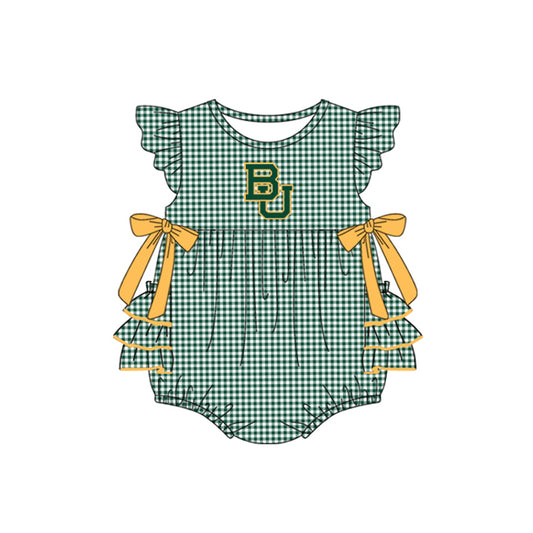 Preorder moq 5 Baby Girls Green Plaid Flutter Sleeves Bows BU Team Rompers