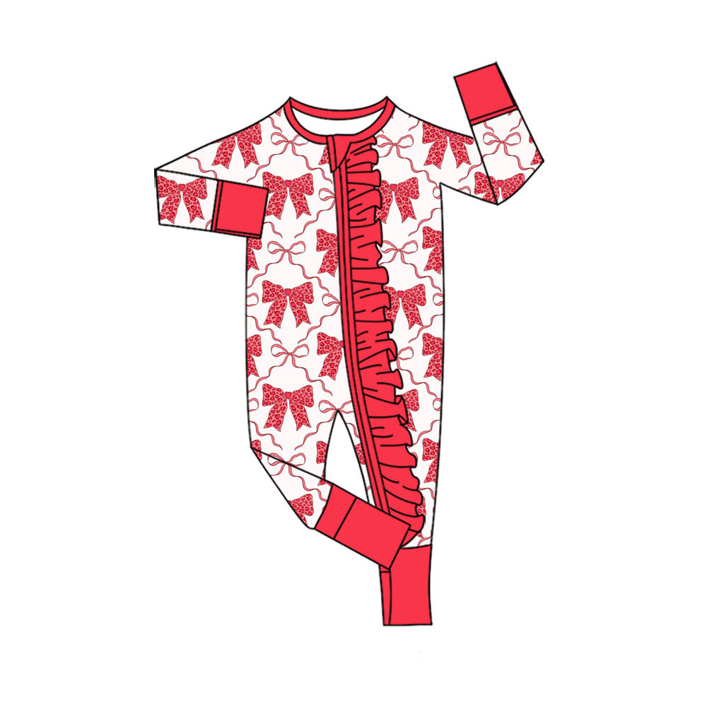 Preorder (moq 5) Baby Girls Hearts Bows Valentines Two Way Ruffle Zip Convertible Rompers