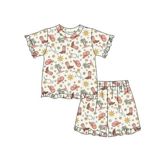 Preorder moq 5 Baby Girls Hat Boots Top Ruffle Short Western Clothes Sets
