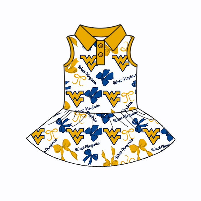 Preorder (moq 5)Baby Girls Yellow Sleeveless WV Bows Plaid Button Team Knee Length Dresses