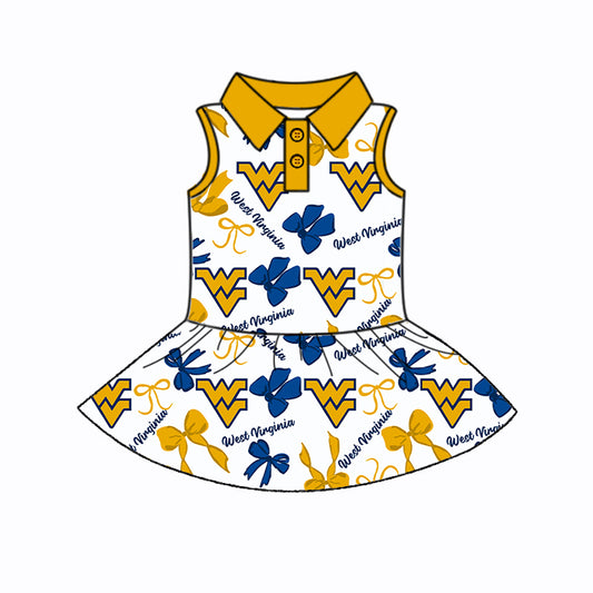 Preorder (moq 5)Baby Girls Yellow Sleeveless WV Bows Plaid Button Team Knee Length Dresses