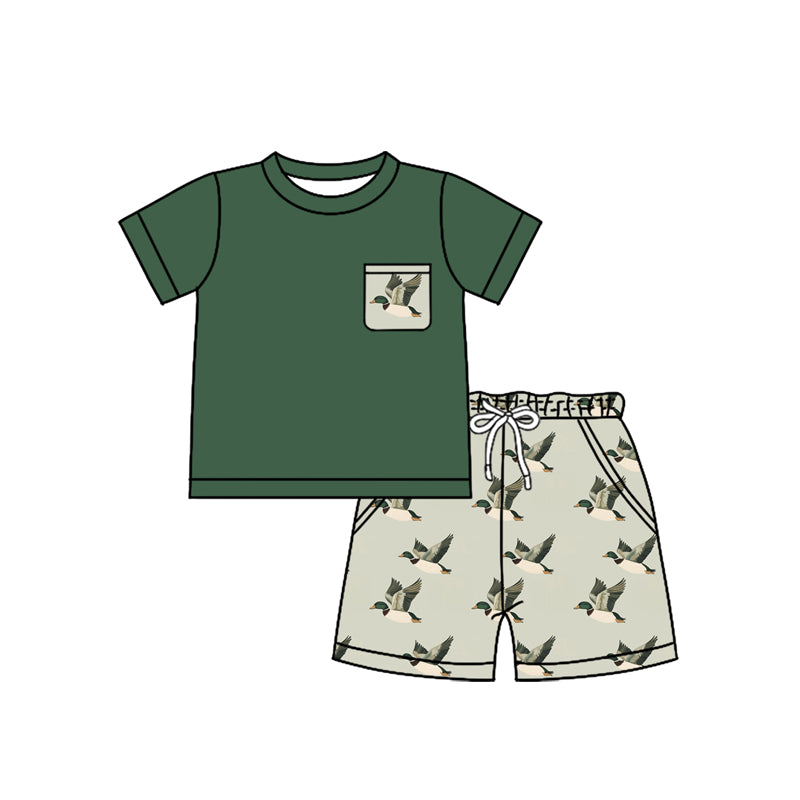 Preorder moq 5 Baby Boys Green Short Sleeves Pocket Top Ducks Short Set