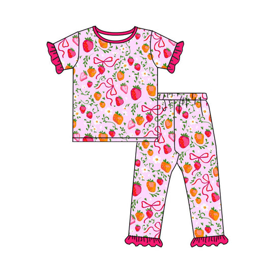 Preorder(moq 8)Baby Girls Bows Strawberry Flowers Top Ruffle Pants Pajamas Sets