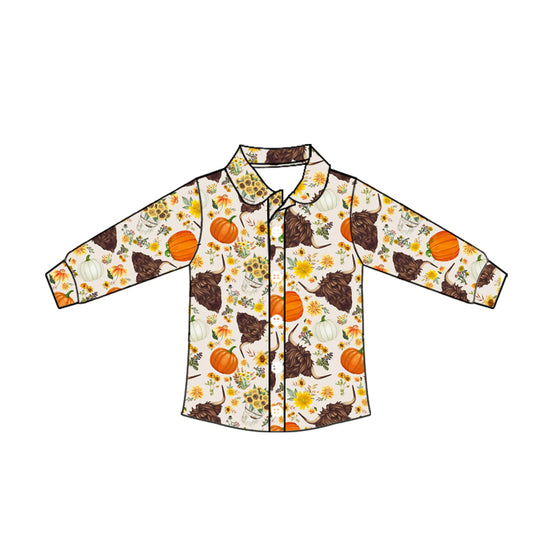 Preorder moq 10 Baby Boys Long Sleeves Highland Cows Pumpkins Button Shirts Top