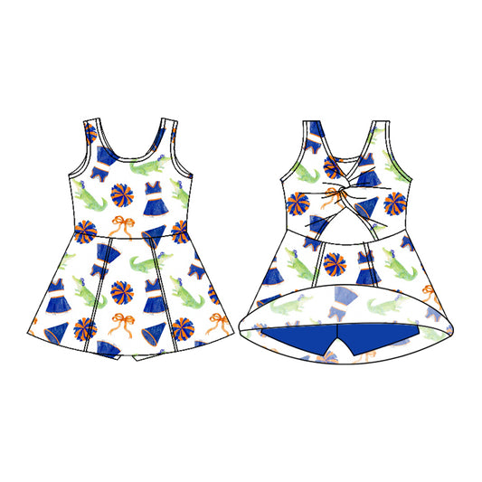 Preorder (moq 5)Baby Girls Sleeveless Bows Crocodiles Team Cheer Short Knee Length Dress