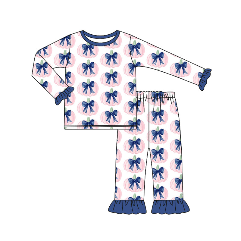 Preorder (moq 5)Baby Girls Long Ruffle Sleeves Navy Bows Pumpkins Top Pant Pajamas Set