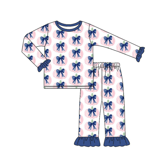 Preorder (moq 5)Baby Girls Long Ruffle Sleeves Navy Bows Pumpkins Top Pant Pajamas Set