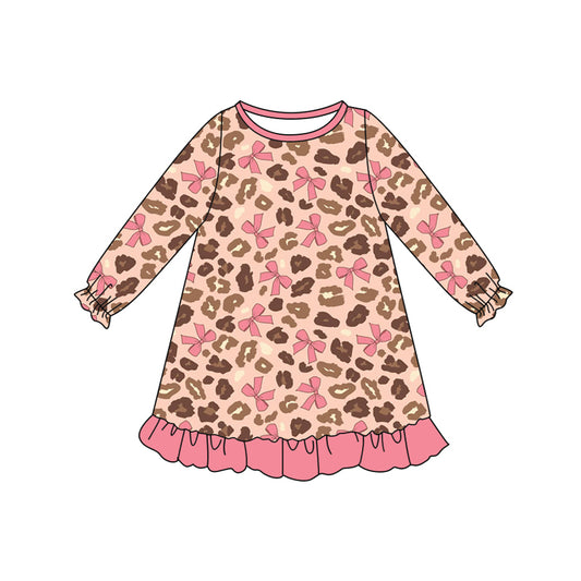Preorder (moq 5)Baby Girls Long Ruffle Sleeves Pink Bows Leopard Knee Length Dresses