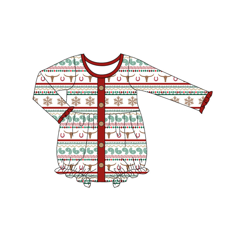 Preorder (moq 5)Baby Girls Long Sleeves Red Bull Skull Aztec Stripe Button Ruffle Romper