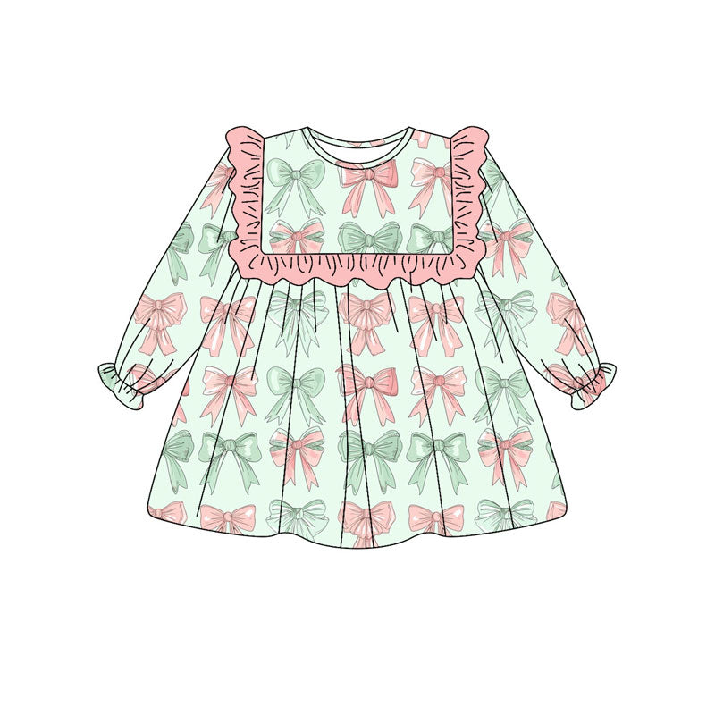 Preorder(moq 8)Baby Girls Pink Green Bows Stripe  Knee Length Dresses