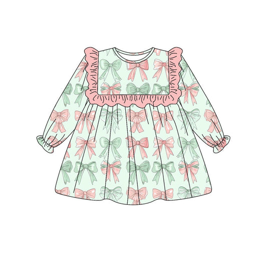 Preorder(moq 8)Baby Girls Pink Green Bows Stripe  Knee Length Dresses
