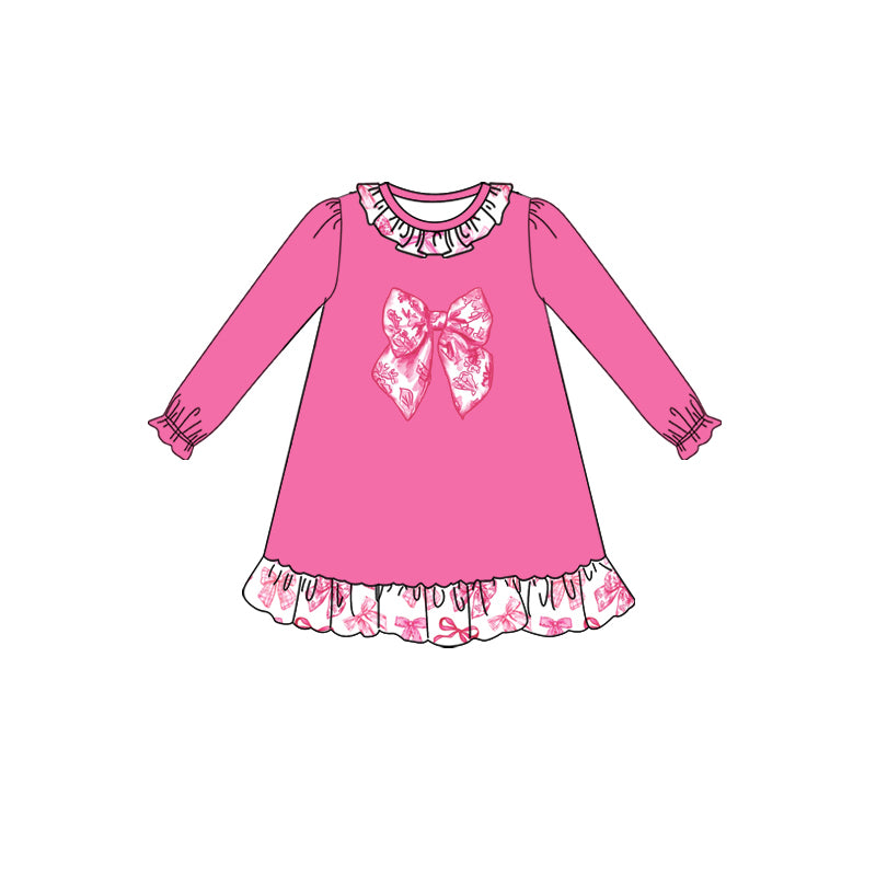 Preorder (moq 5)Baby Girls Long Ruffle Sleeves Pink Floral Bows Knee Length Dresses