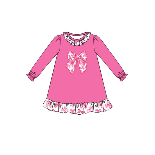 Preorder (moq 5)Baby Girls Long Ruffle Sleeves Pink Floral Bows Knee Length Dresses
