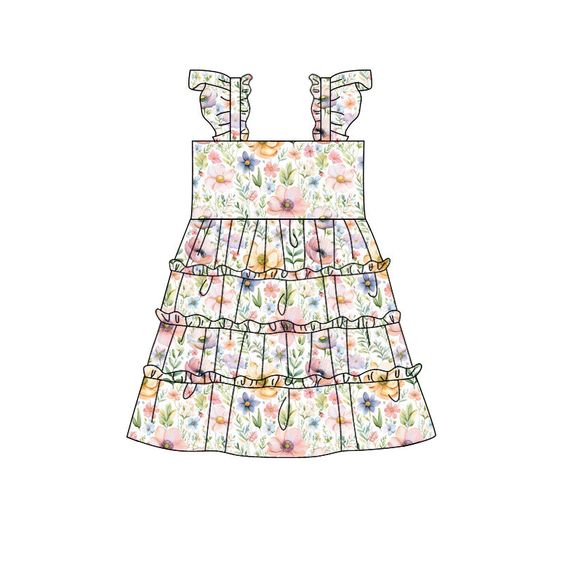 Preorder(moq 5) Baby Girls Flutter Sleeve Colorful Flowers Patchworks Knee Length Dresses