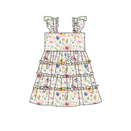 Preorder(moq 5) Baby Girls Flutter Sleeve Colorful Flowers Patchworks Knee Length Dresses