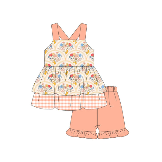 Preorder (moq 5)Baby Girls Pink Strap Floral Plaid Tunic Ruffle Short Set