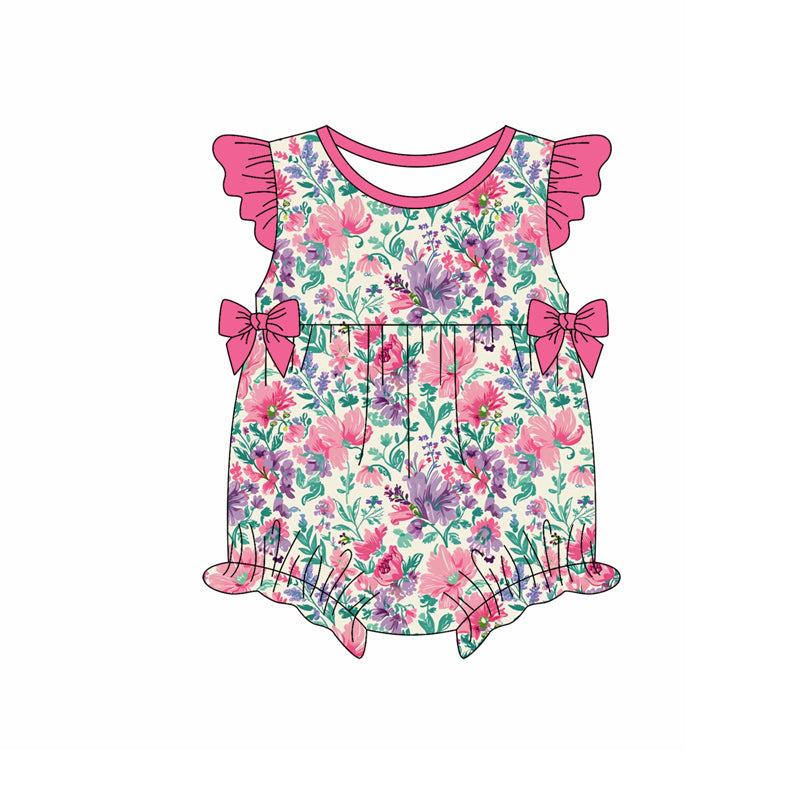 Preorder moq 5 Baby Girls Pink Flutter Sleeves Bows Colorful Floral Ruffle Rompers
