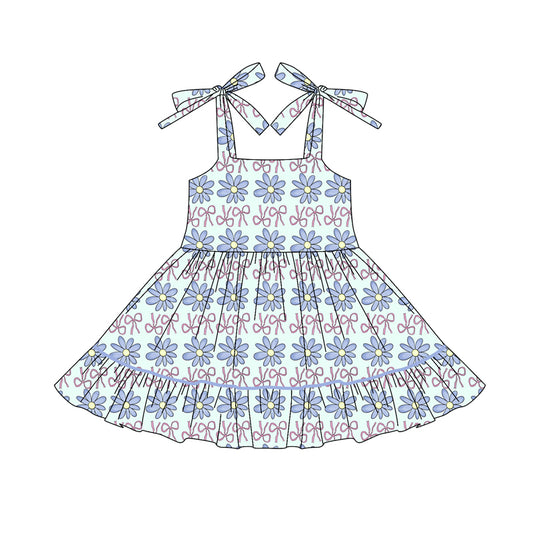 Preorder (moq 5)Baby Girls Blue Strap Daisy Bows Ruffle Knee Length Dresses