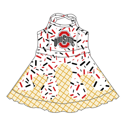 Preorder (moq 5)Baby Girls Strap Ohiostate Drip Shorts Ruffle Team Knee Length Dresses