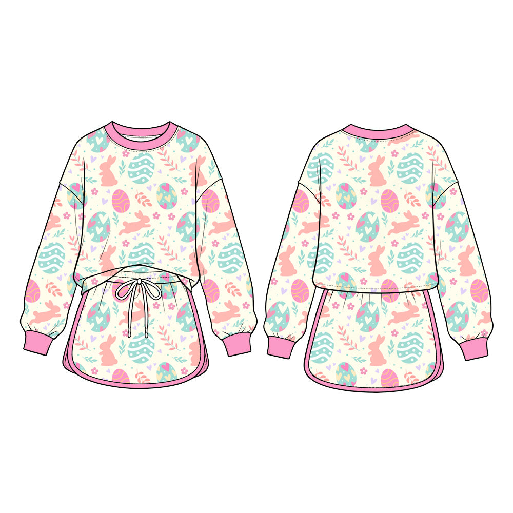 Preorder (moq 5) Baby Girl Clothes Pastel Easter Bunny Egg Heart Mixed Print Long Sleeve Top Skirt Boutique Outfit Set