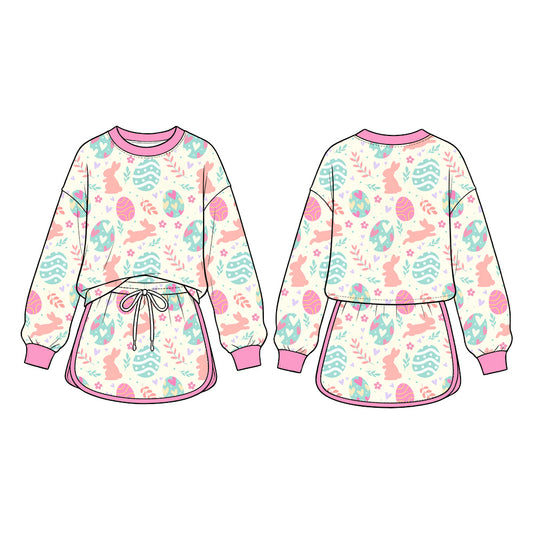 Preorder (moq 5) Baby Girl Clothes Pastel Easter Bunny Egg Heart Mixed Print Long Sleeve Top Skirt Boutique Outfit Set