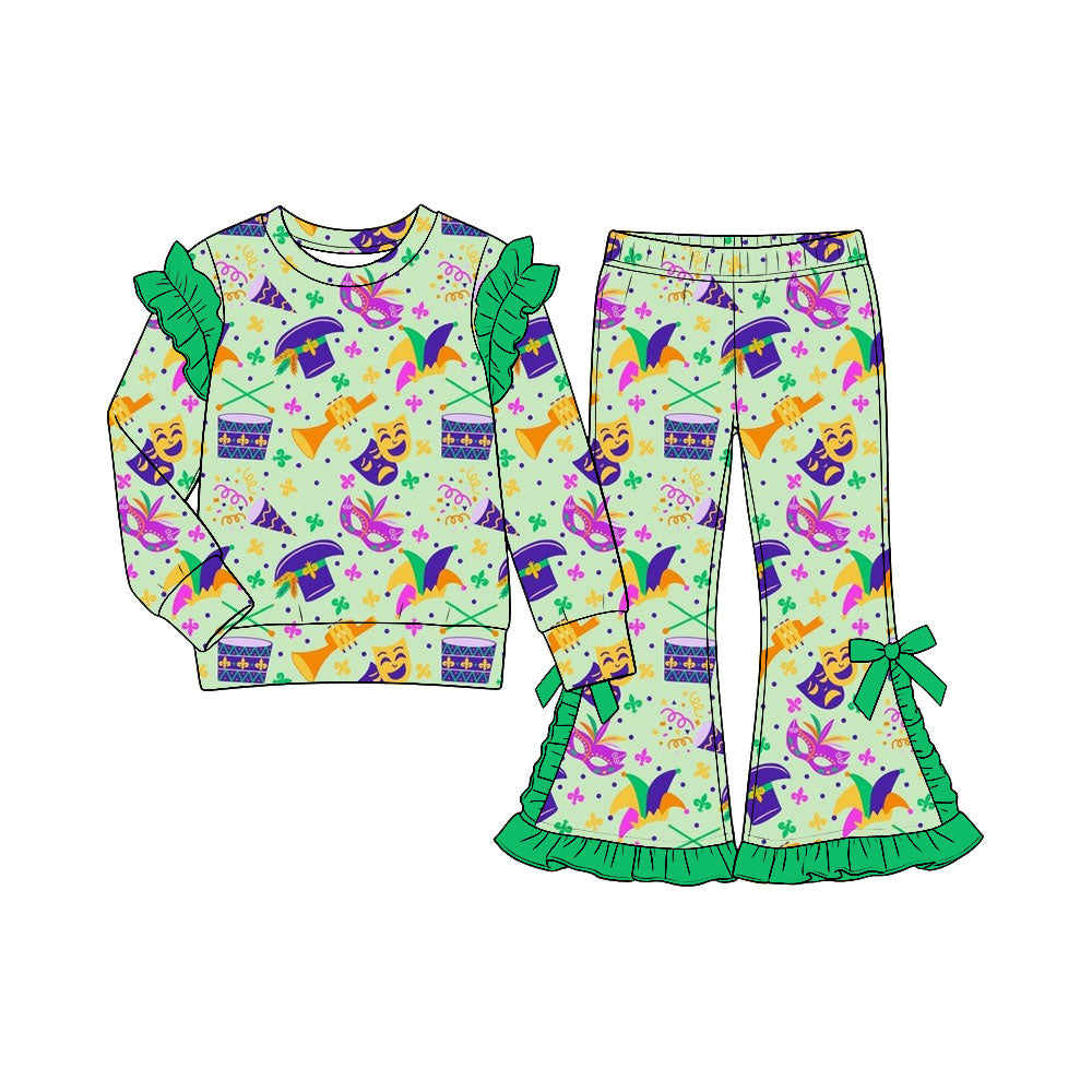 Preorder (moq5) Baby Girl Clothes Mardi Gras Instrument Mask Print Long Sleeve Ruffle Shoulder Top Bow Flare Pant Set