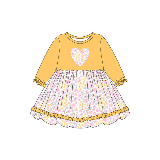 Preorder (moq 5)Baby Girls Yellow Long Ruffle Sleeves Floral Print Hearts Knee Length Dresses