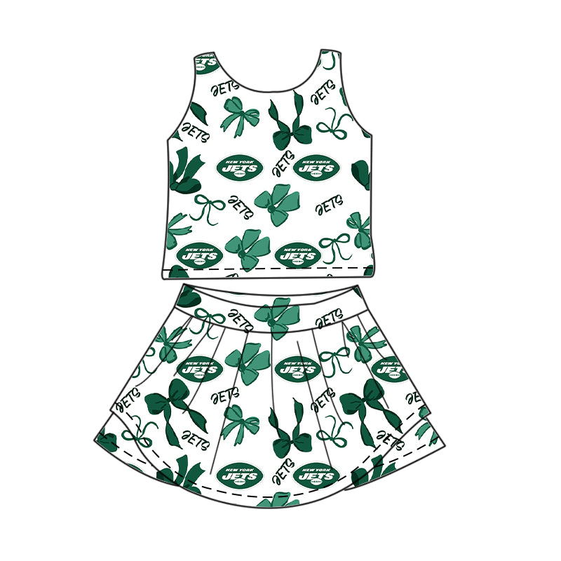 Preorder (moq 5)Baby Girls Green Sleeveless Bows Plaid Jets Top Skorts Team Set