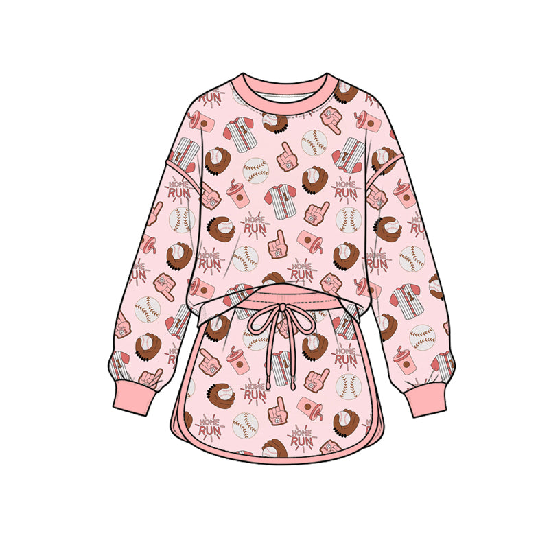 Preorder (moq 5) Baby Girl Clothes Home Run Baseball Cartoon Mixed Print Long Sleeve Top Skirt Outfit Set