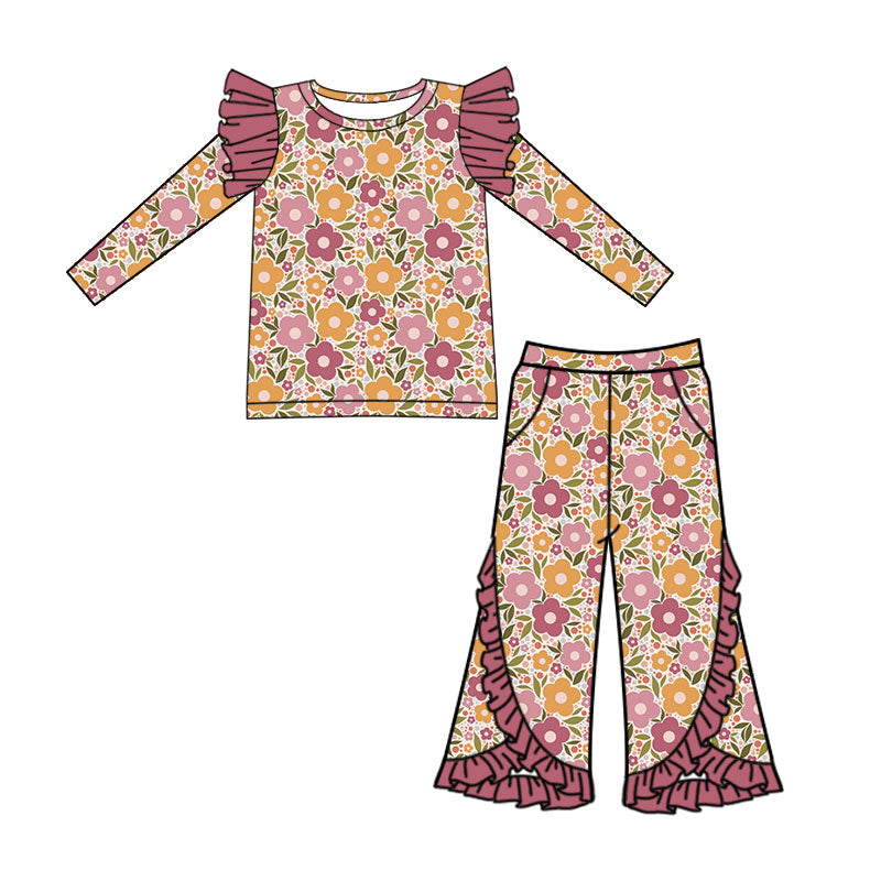 Preorder (moq 5)Baby Girls Colorful Flowers Flutter Long Sleeve Top Pockets Flare Pant Clothes Sets
