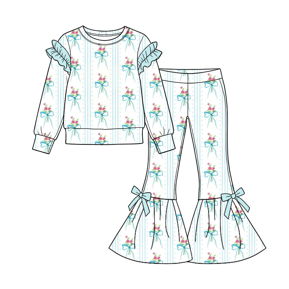 Preorder (moq 5) Baby Girl Clothes Blue Bow Floral Stripe Mixed Print Long Sleeve Flare Pant Set