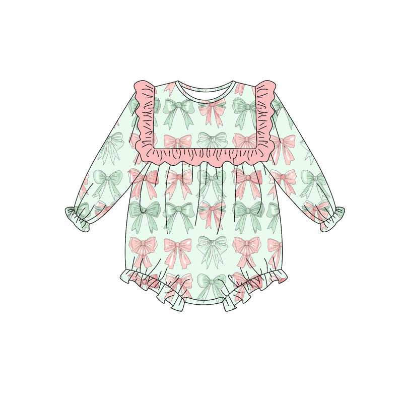 Preorder (moq 8)Baby Girls Pink Green Bows Stripe Ruffle Rompers