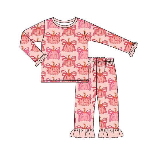 Preorder (moq 5)Baby Girls Peach Long Ruffle Sleeves Bows Pumpkins Top Pant Pajamas Set