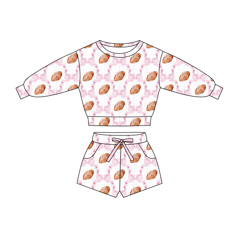Preorder (moq 5)Baby Girls Pink Bow Footballs Checked Top Pockets Shorts Team Clothes Sets