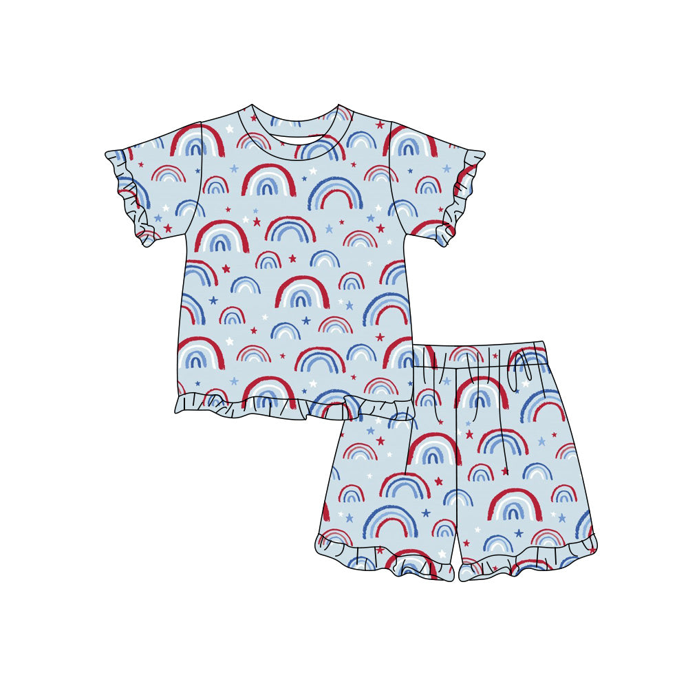 Preorder (moq 5)Baby Girls Red Blue Star Rainbows Top Ruffle Short 4th of July Clothes Sets