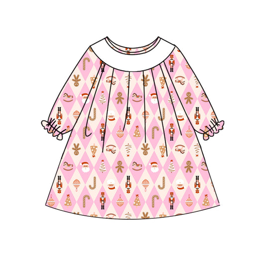 Preorder (moq 5)Baby Girls Pink Long Ruffle Sleeves Trees Gingerbread Knee Length Dresses