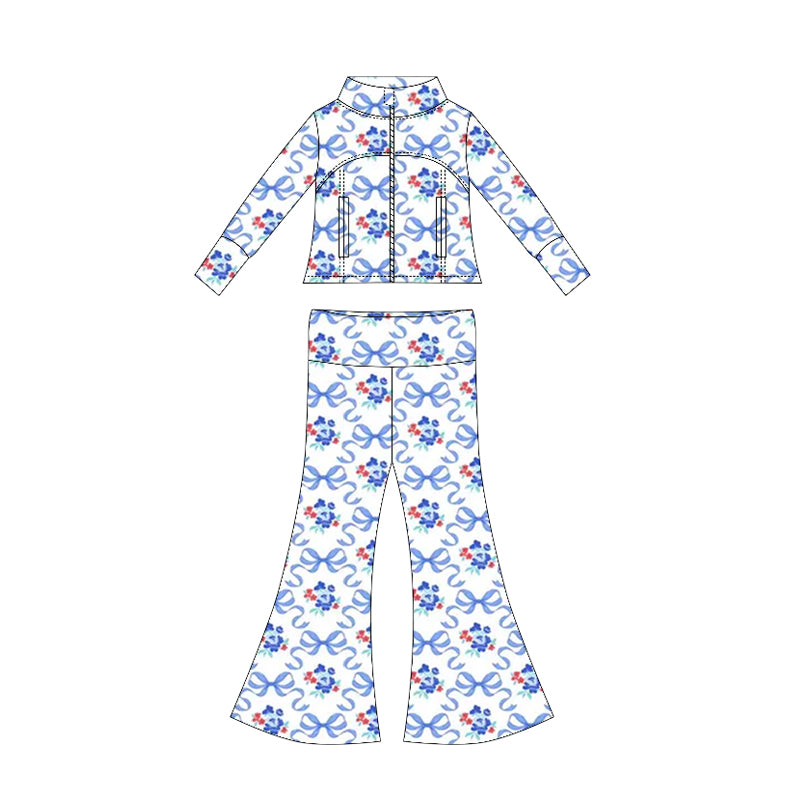 Preorder moq 10 Baby Girls Long Sleeves Blue Flowers Bows Pockets Zipper Top Bell Bottom Pant Set