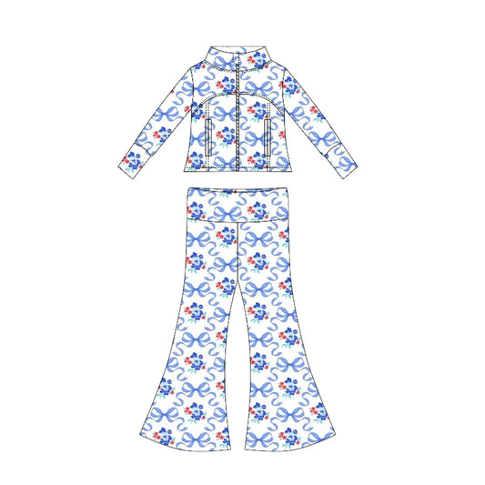 Preorder moq 10 Baby Girls Long Sleeves Blue Flowers Bows Pockets Zipper Top Bell Bottom Pant Set