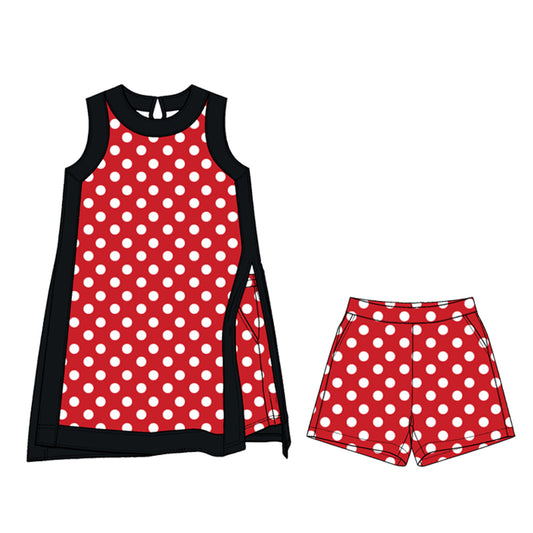 Preorder moq 5 Baby Girls Black Red Polka Dots Split Tunic Pockets Short Clothes Sets
