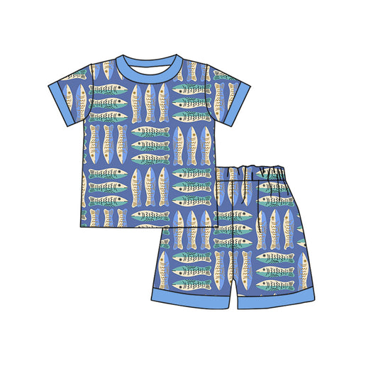 Preorder moq 5 Baby Boys Lavender Short Sleeves Fishing Top Short Pajamas Set