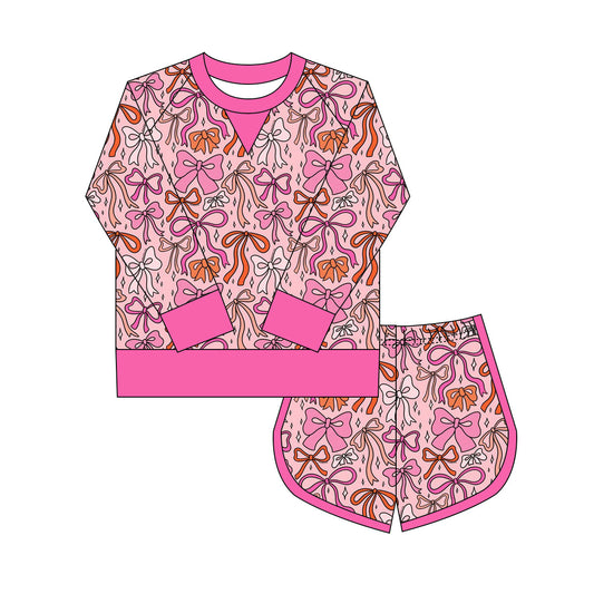 Preorder(moq 8)Baby Girls Pink Orange Bows Plaid Long Sleeve Top Shorts Clothes Set