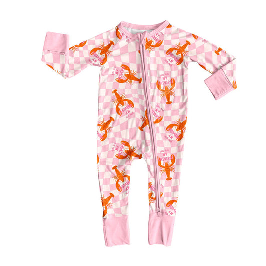 Preorder (moq 5)Baby Girls Pink Checked Crayfishes Zipper Footie Rompers