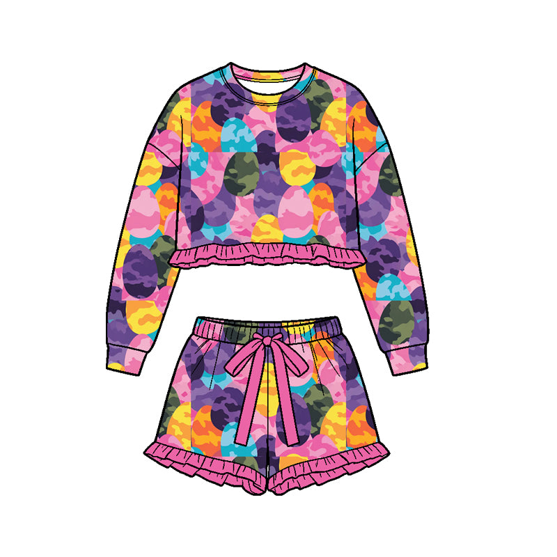 Preorder (moq 5) Girls’ Easter Fuchsia Bunny Print Ruffle Top & Shorts 2-Piece Set