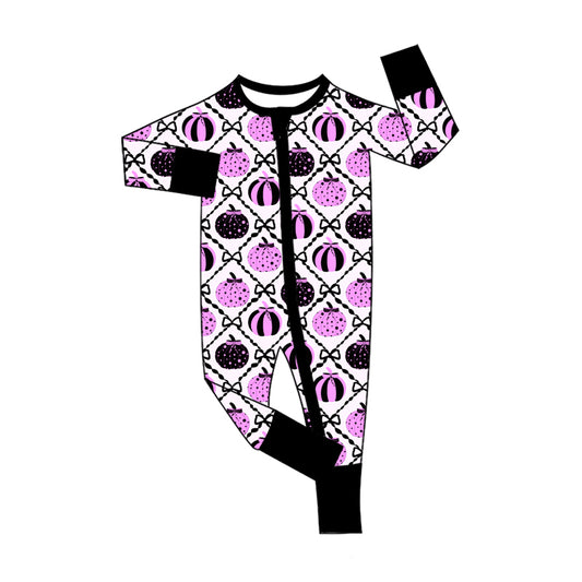 Preorder (moq 5)Baby Girls Bows Pumpkins Checked Fall Two Way Zip Convertible Rompers