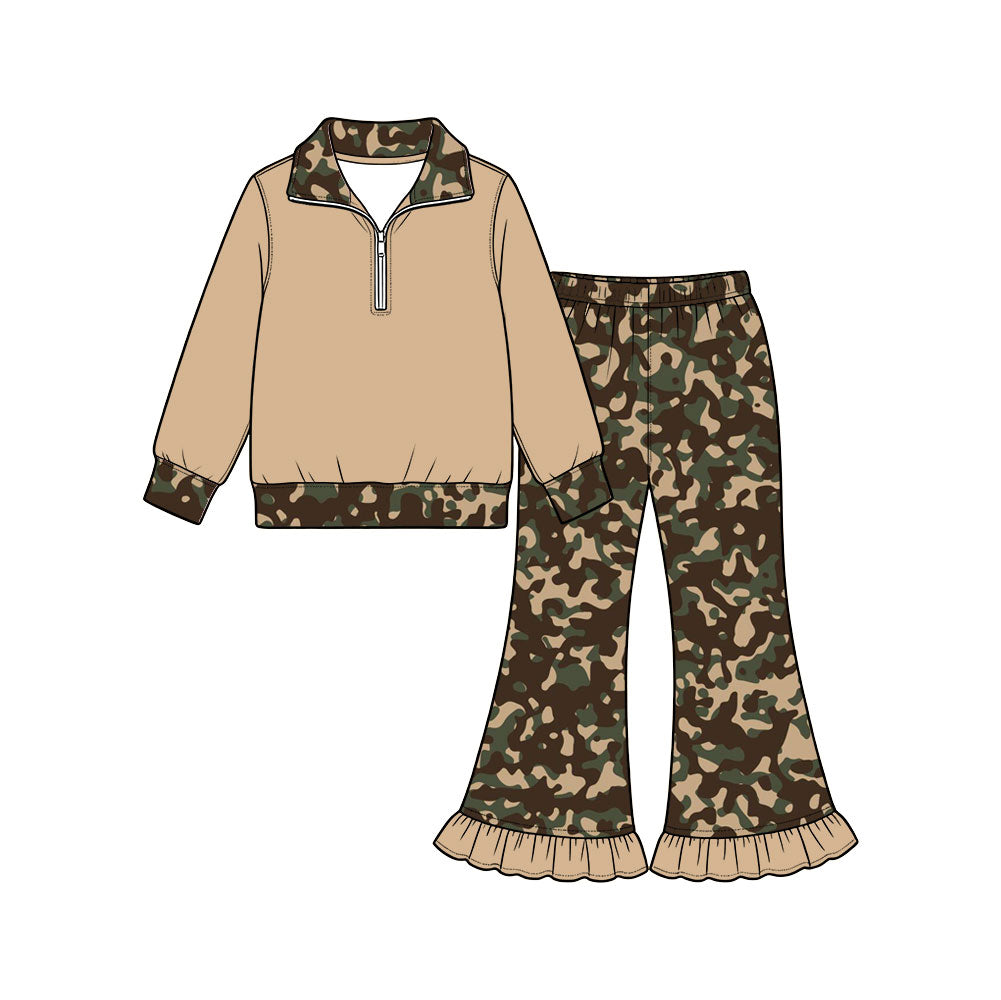 Preorder (moq 5) Baby Girl Clothes Brown Classic Camo Print Half Zip Top Ruffle Flare Pants Outfit Set